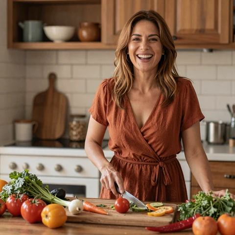 Maria, 49, divorced member from San Antonio cooking in her kitchen
