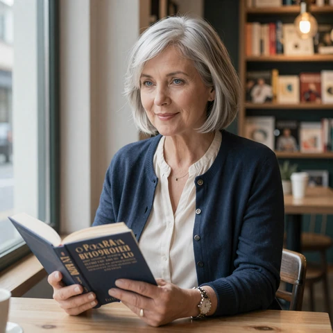 Patricia, 58, widowed member from Portland reading in a cafe