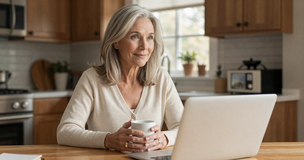Mature American woman in cream cardigan checking Vikiline on a laptop at a sunlit kitchen table