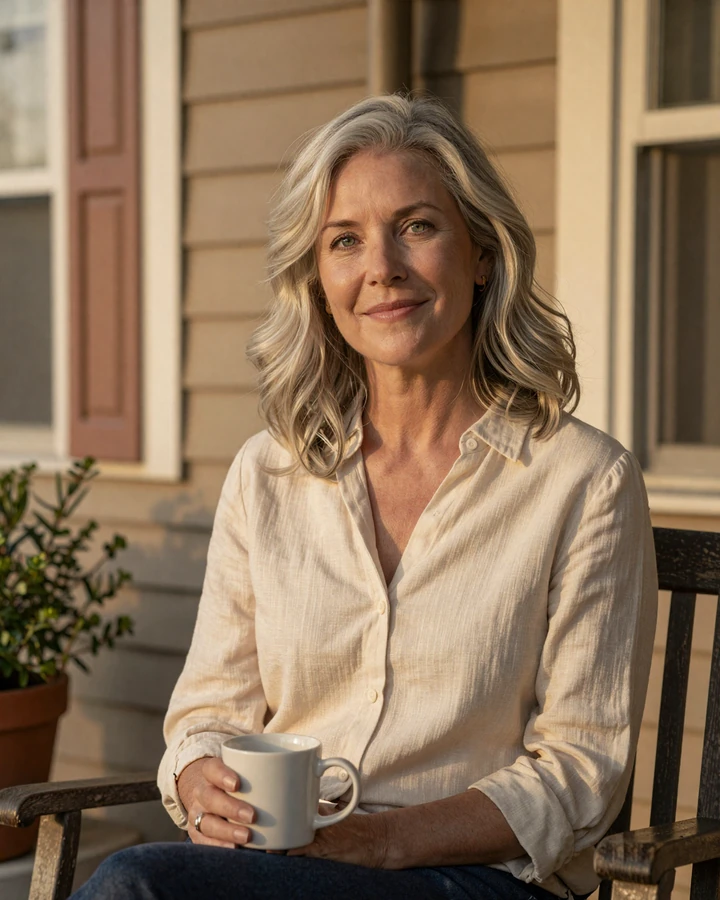Vikiline member Eleanor smiling on a sunlit porch, representing the trusted American dating community for singles 45 and over