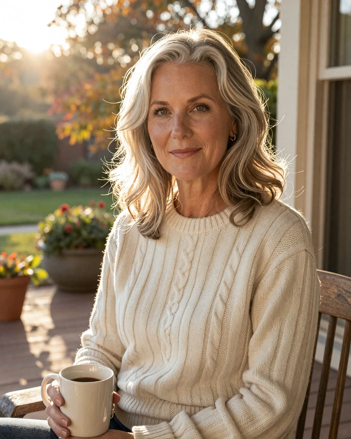 Mature American woman in cream sweater smiling on a sunlit porch, representing Vikiline members 45 and over